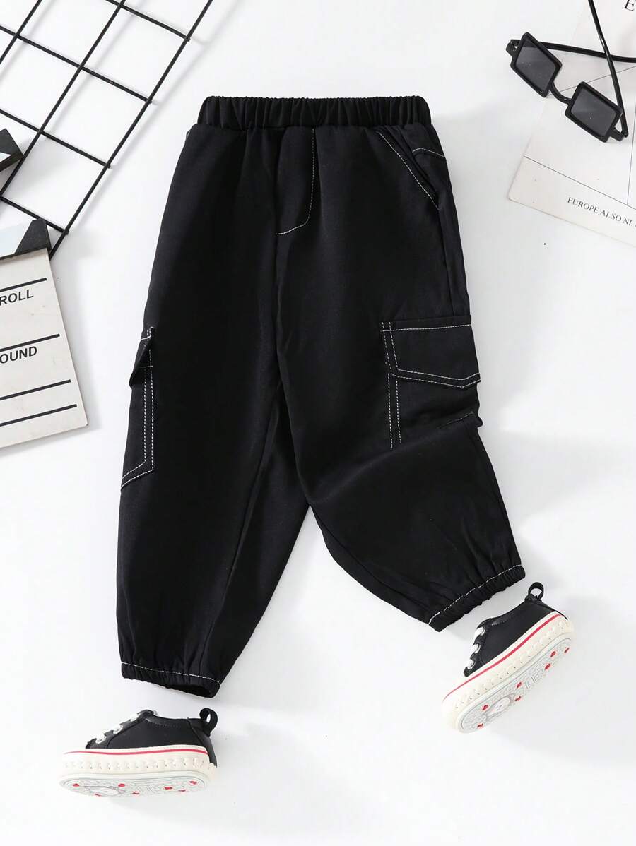 Baby Boys' Casual Sports Cargo Pants, Fashion Color Block Striped Drawstring Waist Trousers, Multi-Pocket Solid Color Anti Mosquito Pants, All Seasons