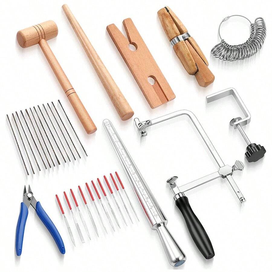 Multifunktionales Schmuckherstellungs-Set, DIY-Werkzeugsatz, Schmuckherstellungs-Werkzeugsatz, handgefertigtes Werkzeug, professioneller Sägesatz mit Feile, Zange mit schräger Mündung, Holzklemme, Hammer, Ring, Maßstab