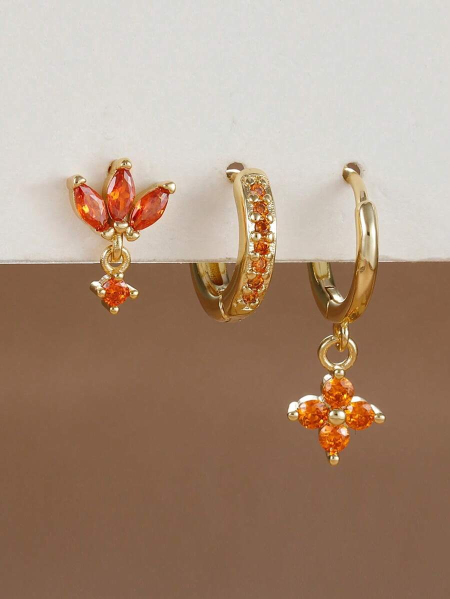 3 pièces Set de boucles d'oreilles pendantes à la mode avec zirconium orange pour femmes. Boucles d'oreilles à fleurs pendantes en acier inoxydable. Bijoux de piercing
