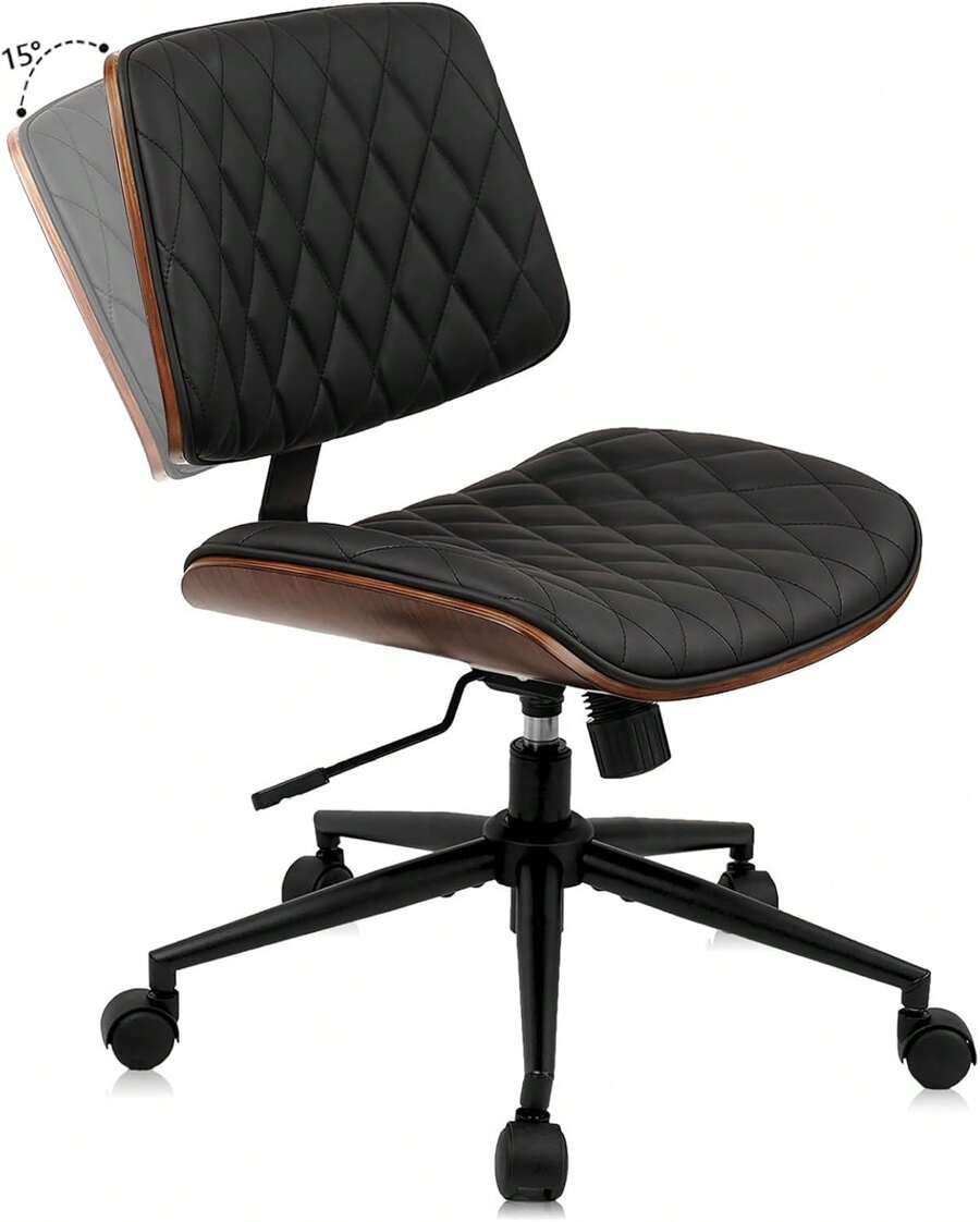 CLATINA Armless Home Office Chair, Desk Chair With Wheels, Adjustable Height Reading Chair, Leather Mid Back & Swivel Computer Chair, Modern Walnut Chair With Back For Studio Meeting Room(Black)