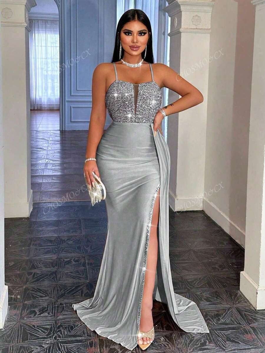 CHOSMO Vestido maxi elegante de noche, fiesta, boda o evento formal para mujeres con tiras de espagueti, espalda con cremallera, cintura alta, abertura lateral con cinta y detalles de lentejuelas.