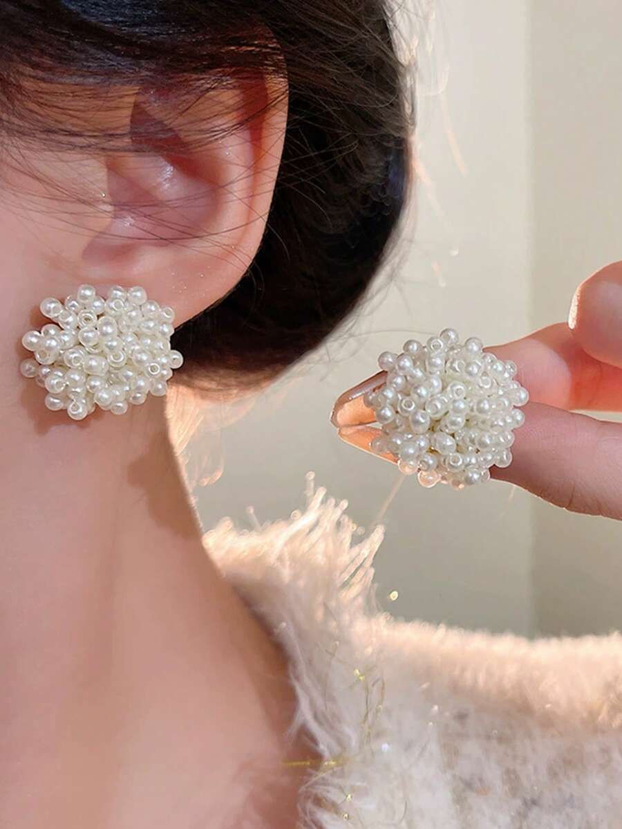 1pc French Minimalist Elegant White Flower Pearl Stud Earrings, Versatile For Dates, Parties, Gatherings & More