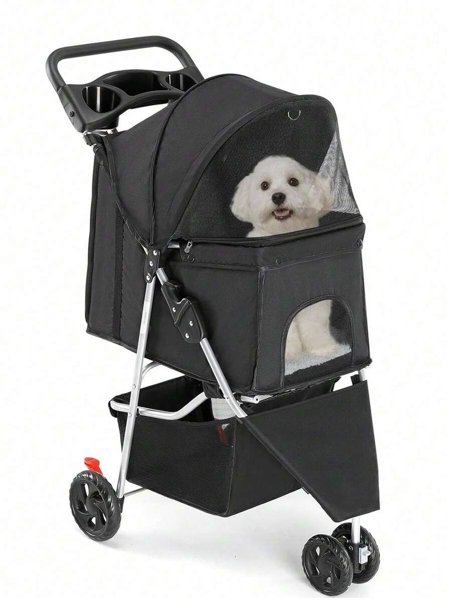 Pet Stroller For Dogs And Cats | Foldable, Lightweight, And Durable | Ideal For Small To Medium Pets | Includes Storage Basket And Cup Holders-TKL
