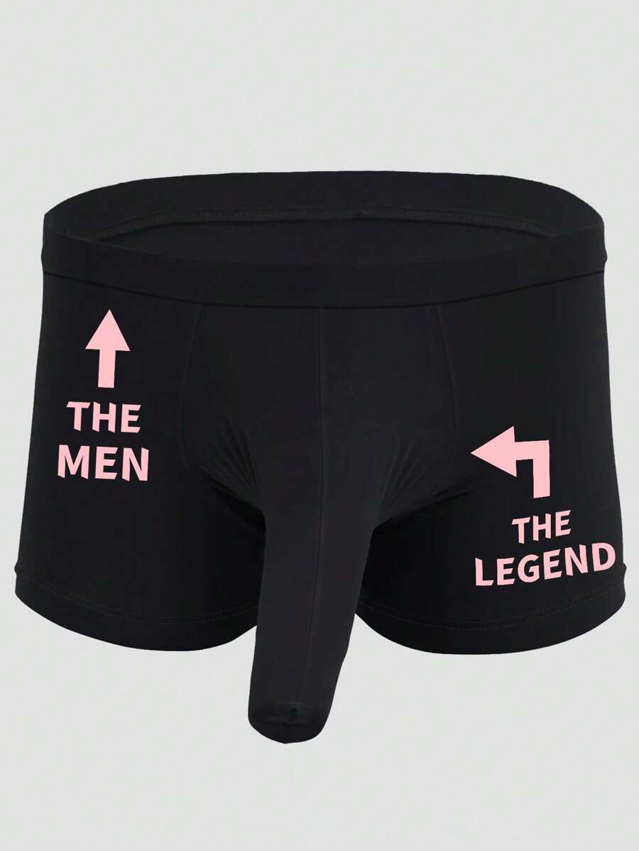 Men's Black Boxer Briefs With Arrow & Letter Print, Elastic Comfortable Underwear