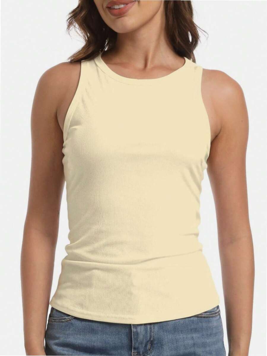 QUEENTI Women's Round Neck Vest Breathable Slim Sleeveless Design Outing Top