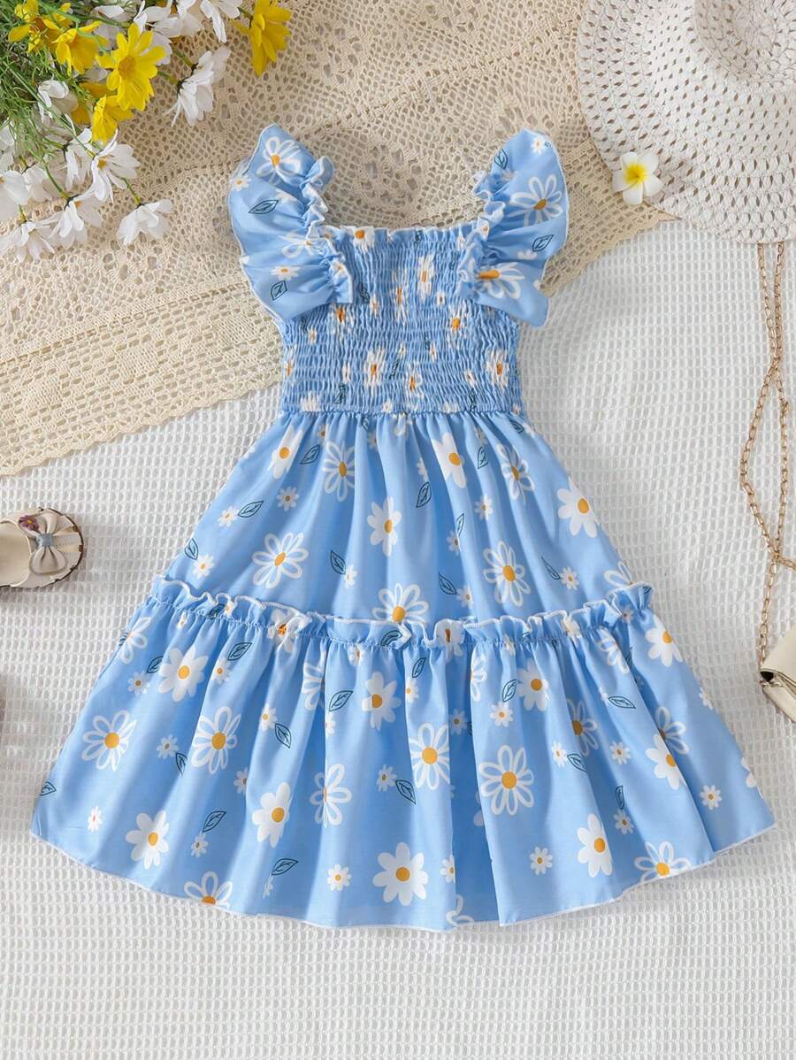 Young Girl Sleeveless Ruffled Hem Floral Print Dress, Summer