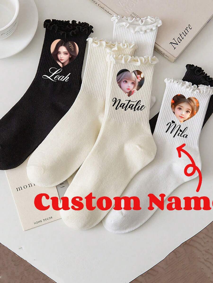 1Pair Ear Socks For Women Milk White Jk Black Japanese College Style Ins Jk Pile Socks Personalized Text Customization