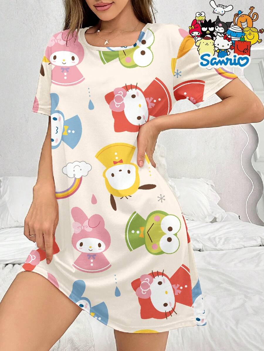 Sanrio Vestido de dormir informal con estampado de la familia Sanrio, cuello redondo, manga corta para mujer en verano