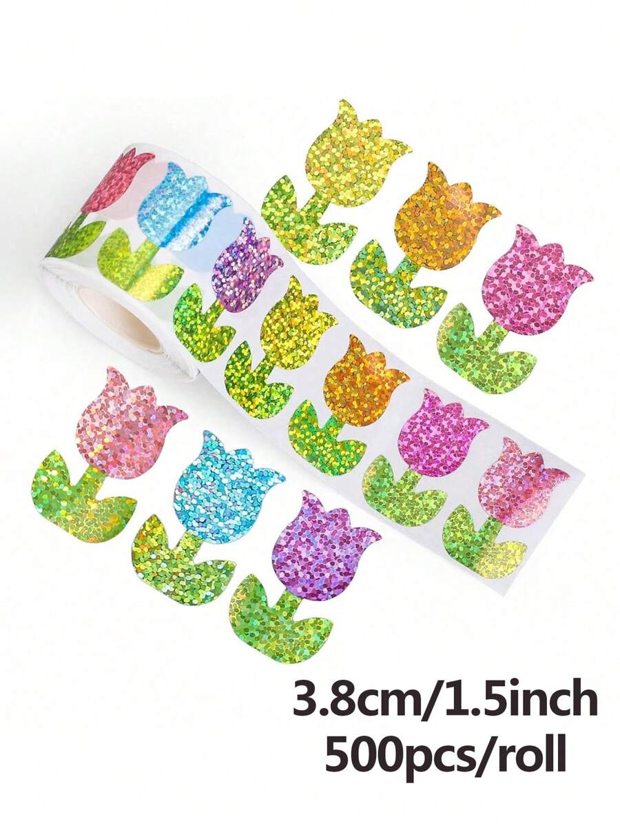 (500 pezzi/rotolo) Rotolo di adesivi olografici a tulipano, adesivi sigillo a forma di fiore colorati laser, adesivi decorativi floreali impermeabili e autoadesivi per buste, diari, feste di compleanno, biglietti di auguri, vacanze, forniture scolastiche, ritorno a scuola