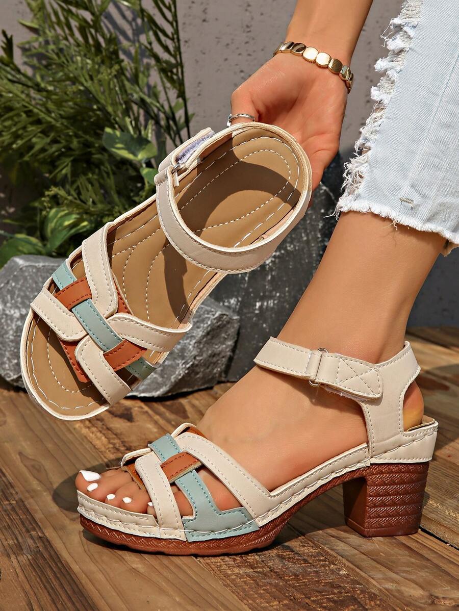 Women's Fashion High Heel Sandals, Color Block Patchwork Upper, Stylish & Elegant Holiday Vibes, Massage Insole, Adjustable Strap, Non-Slip Chunky Heel High Heel Sandals