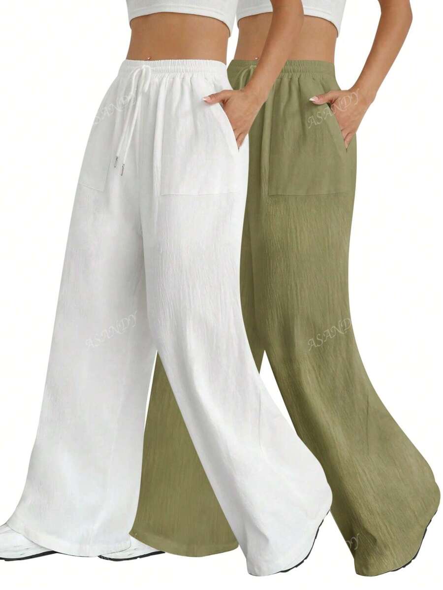 Set de 2 pantalones palazzo casuales, pantalones anchos de cintura con cordón, sólidos y estilizadores