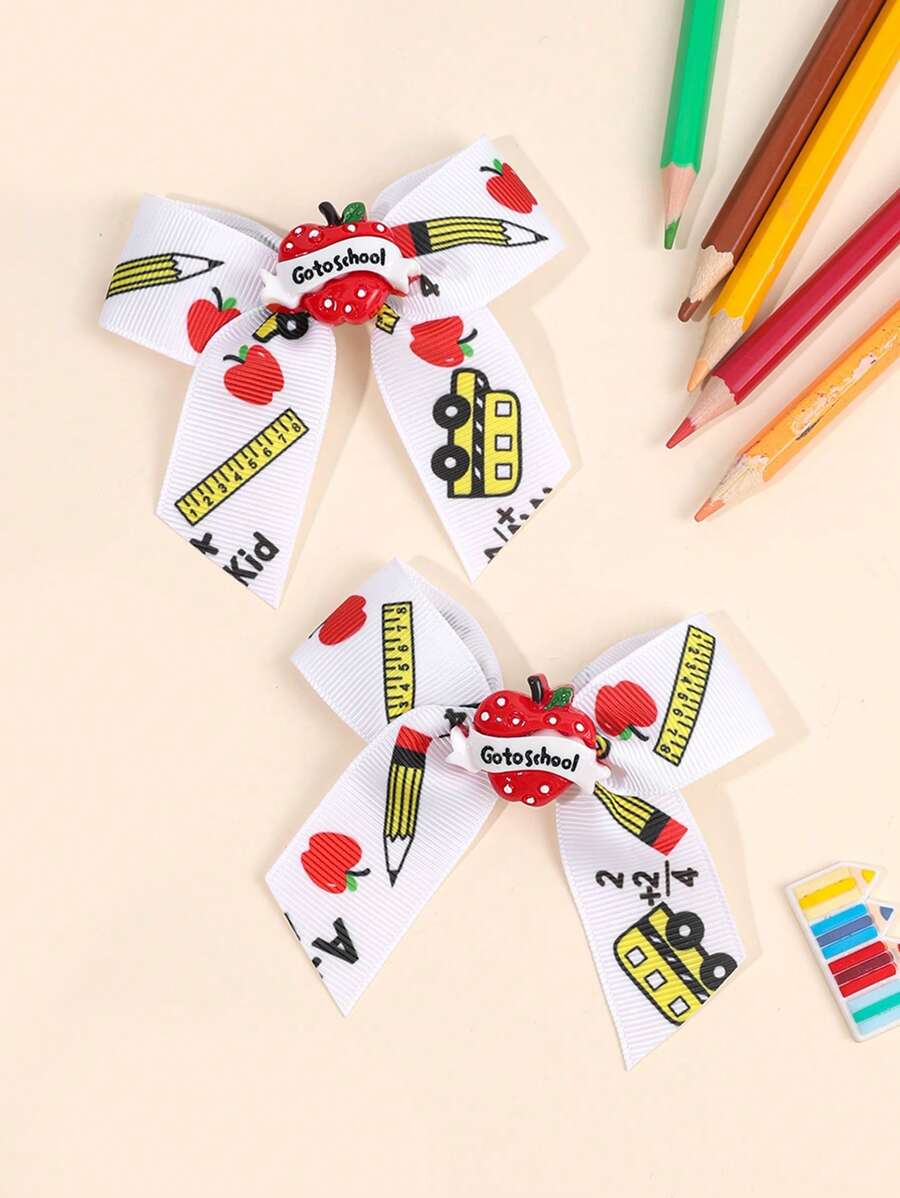 2 piezas Clips de lazo para el cabello para el regreso a la escuela para niñas, Clips de caimán con lazo lindo con regla, manzana, libros, pasadores de cinta grosgrán, pasadores de cabello para coletas de niña pequeña, regalo de uniforme para el primer día de clases y temporada de graduación, accesorios para el cabello de estudiantes en el aula.