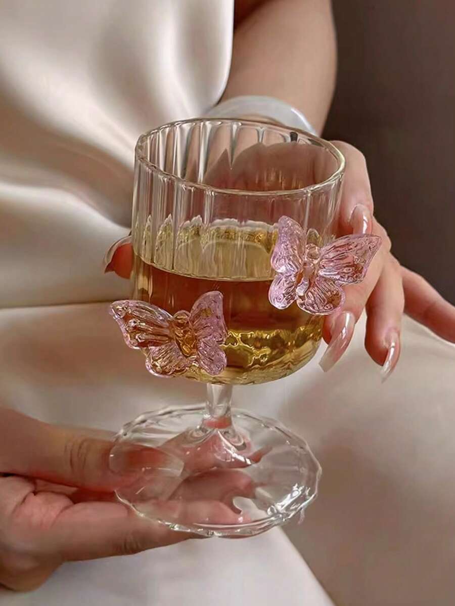 1pc Pink Butterfly Stemless Glass Cup, Ins-Style Elegant Glass Cup For Juice, Coffee, Milk