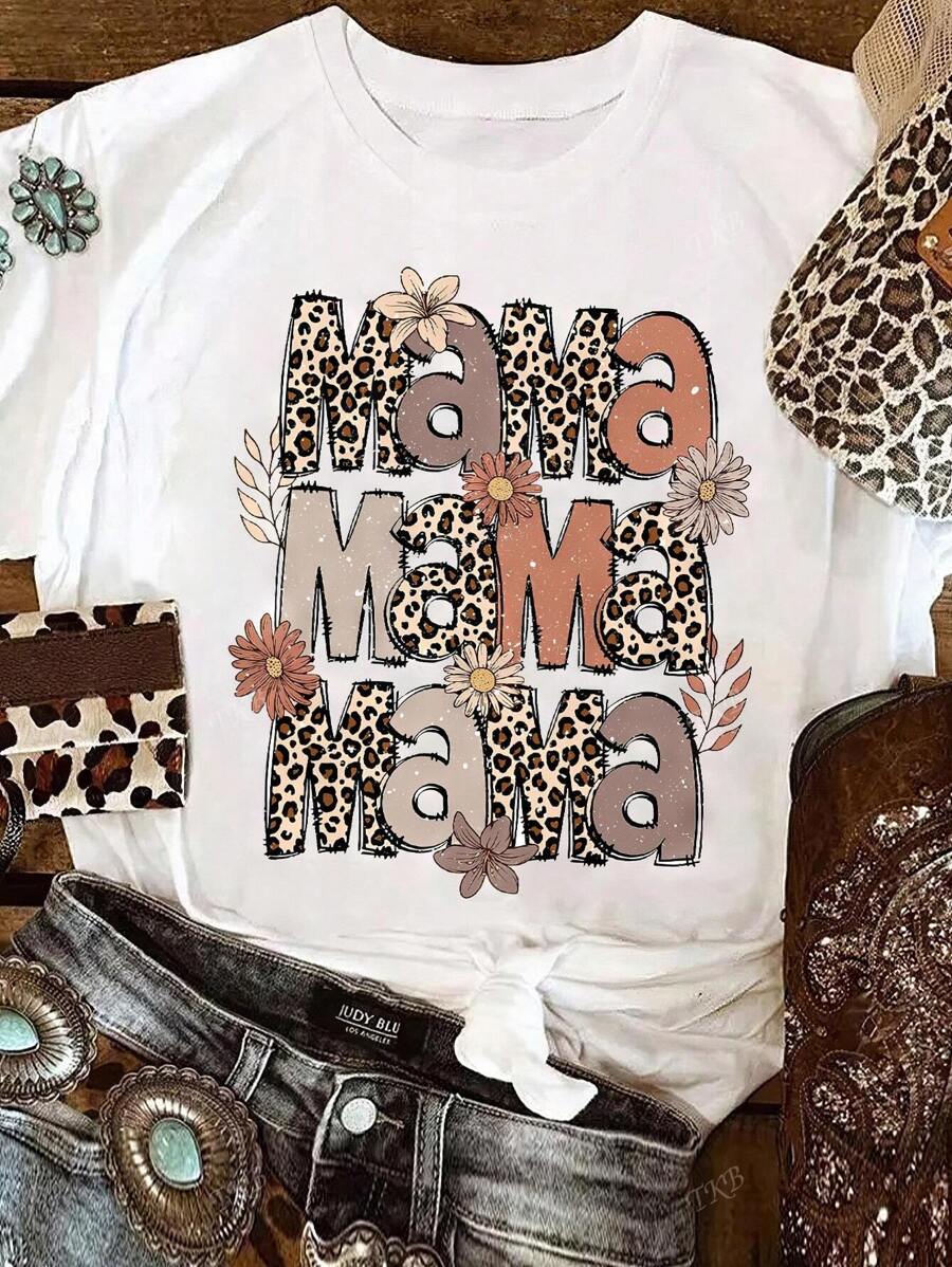 Leopard MAMA Flower Print Women's Solid Color Oversize Round Neck Short Sleeve Simple Tops Daily Casual Summer Modest Tops Casual Women T-Shirt Summer Shirts