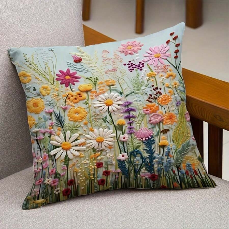 2D Flat Print Floral Throw Pillow Cover 1pc - Digital Print Flower & Leaf Design, 45x45cm Square Zippered Cushion Case - Machine Washable Woven Polyester For Sofa, Bedroom & Living Room Decor (Insert Not Included)