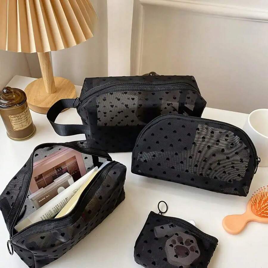 5pcs/Set Black Mesh Organizer Bags, Portable Cosmetic Makeup Toiletry Storage Pouch, Simple Travel Makeup Bag