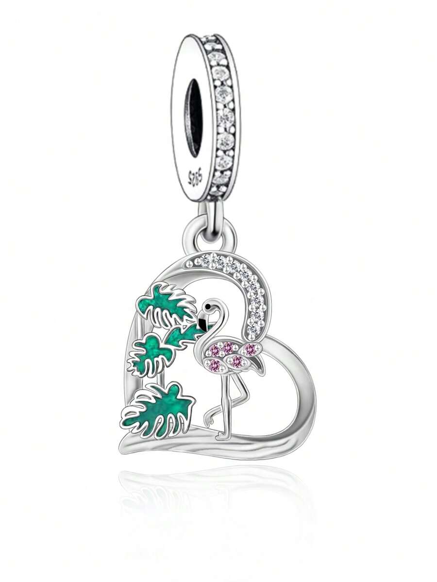 1 pièce Bijou fait main en argent sterling 925 avec Zirconia, motif feuille de palmier et flamant rose. Cadeau unisexe pour Noël