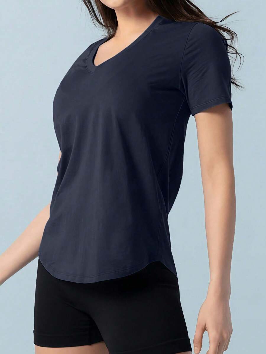 Women V-Neck Yoga Activewear Top, Loose & Stretchy Short Sleeve Tee For Fitness Running, Summer New