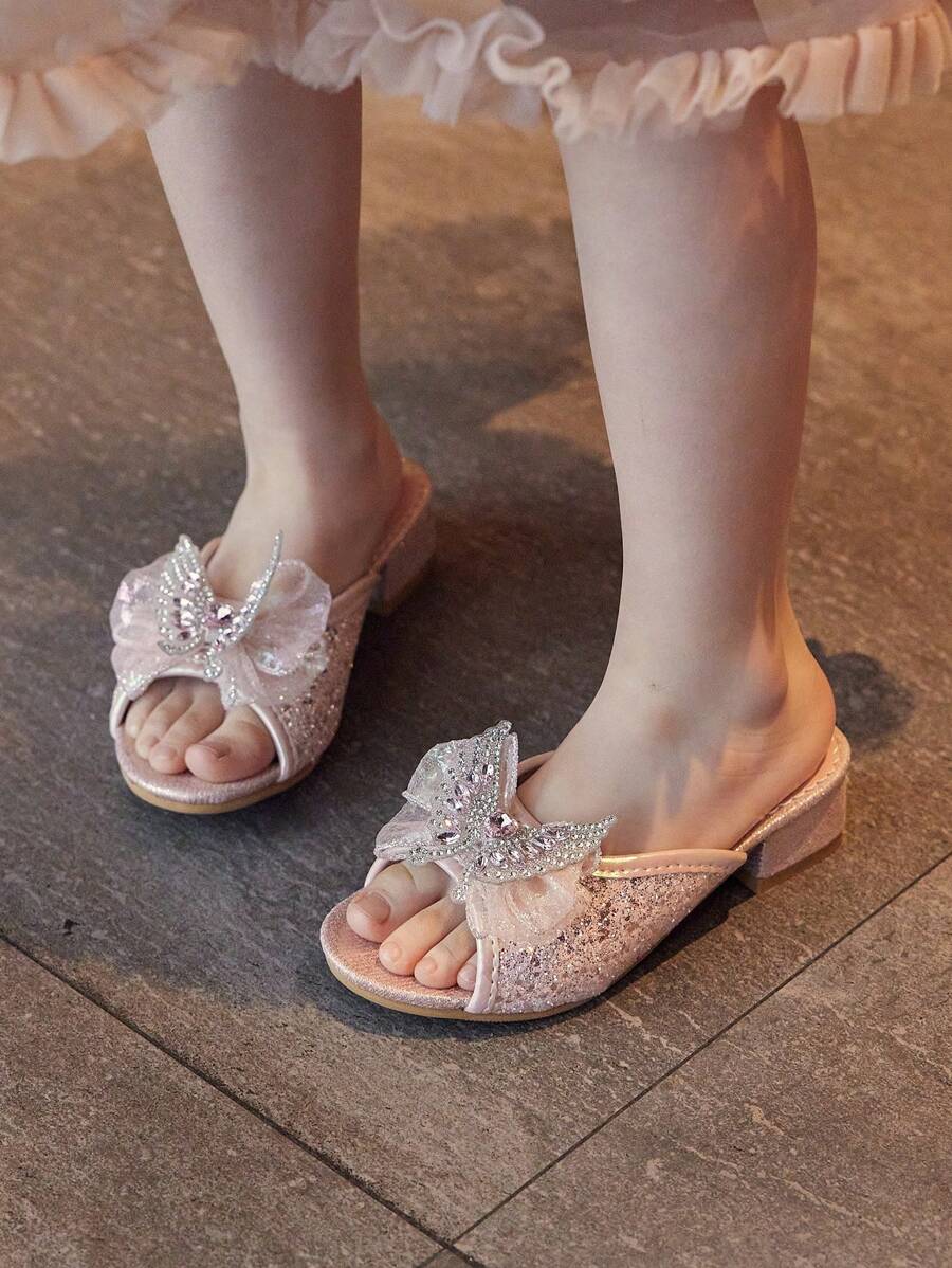 Kids High Heel Slippers For Girls, Fashion Korean Style Princess Shoes,Summer Children Outdoor Crystal Butterfly Sandals