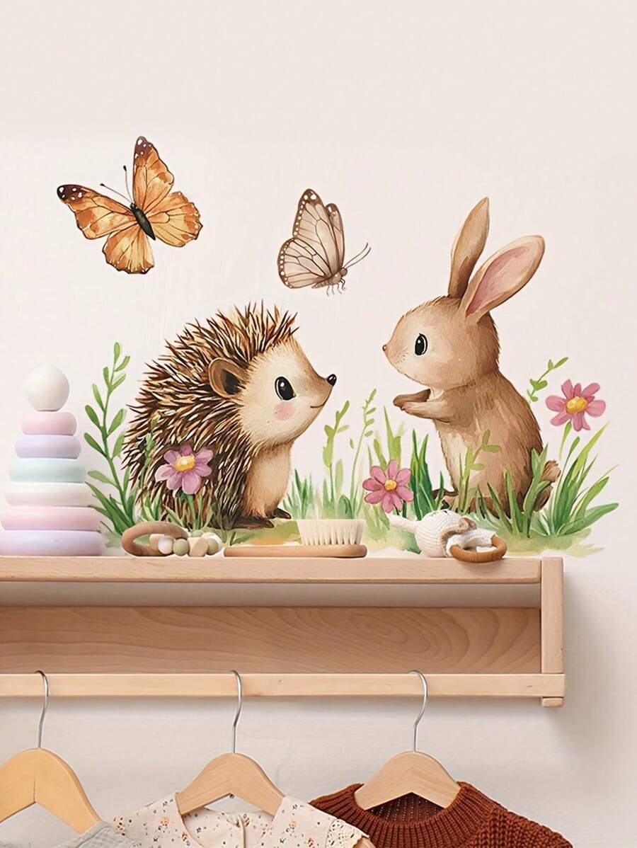 1 pièce Décalcomanie murale de style glamour avec imprimé animal, hérisson, lapin avec papillons et fleurs. Autocollants amovibles et imperméables en PVC pour le salon, la chambre, le dortoir, la salle de classe, la décoration murale de la maison, la salle de bain, la décoration d'automne, les accessoires de salle de bain