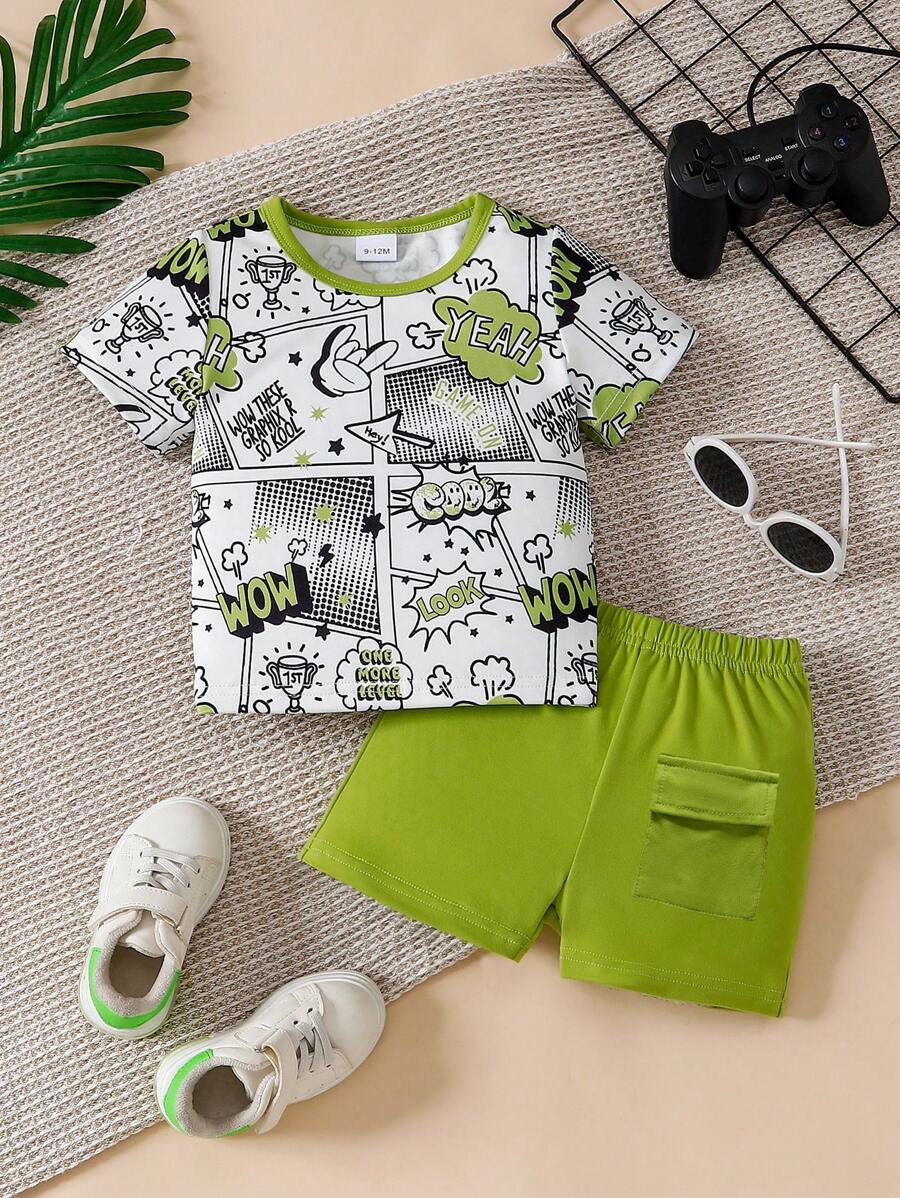 2pcs/Set Infant Baby Boy Letter Random Print Short Sleeve T-Shirt & Casual Cargo Shorts Set, Fashionable