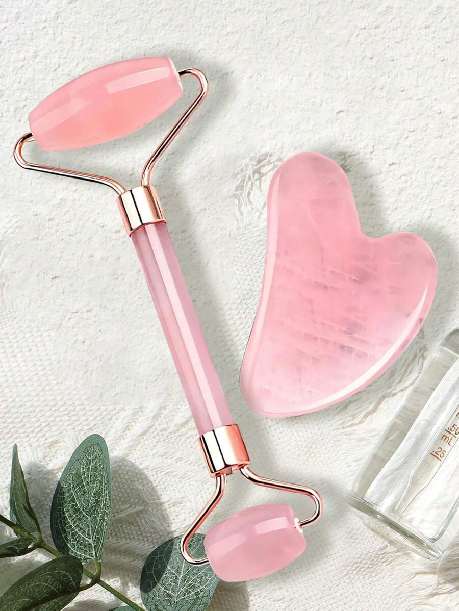 2pcs/1pc Heart-Shaped Rose Quartz Roller Massager - Face Beauty Massage Board With Dual Rollers, Anti-Aging Resin Face Roller And Gua Tool Set For Face, Eyes And Neck - Natural Skincare Beauty Tool To Relieve Wrinkles
