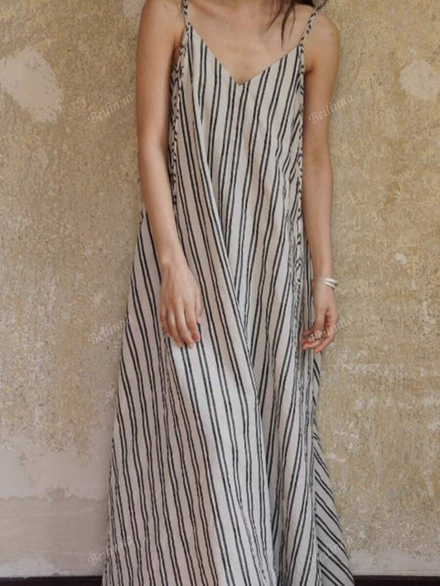 Women Striped Print Spaghetti Strap Casual Midi Dress