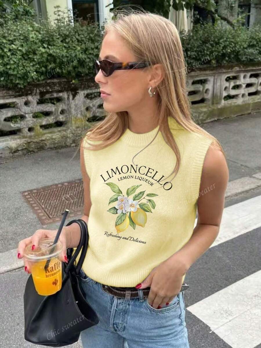 Nouveau débardeur d'été pour femmes à col rond avec motif de citron, T-shirts d'été blancs, simples et élégants, convenant pour le travail, hauts d'été pour femmes
