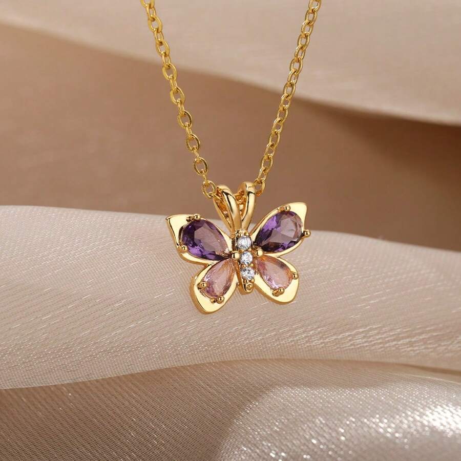 1 pieza Collar con colgante de mariposa lindo para mujer de acero inoxidable con cristal y circonita púrpura, collar estético, gargantilla, joya para fiesta