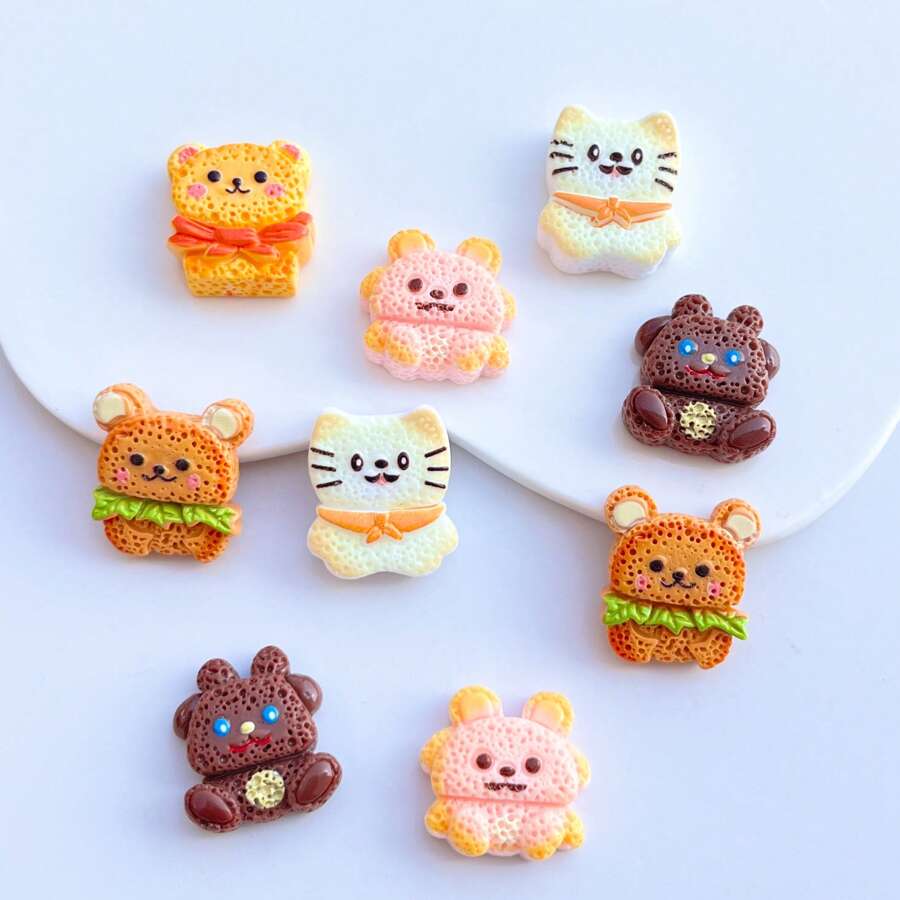 10 piezas de stickers planos de animales de dibujos animados de colores mezclados para manualidades, aretes, accesorios para el cabello y otras decoraciones hechas a mano, decoración de resina para manualidades