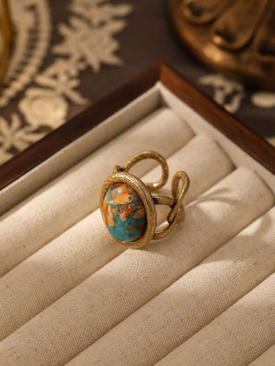 1 Pieza Anillo Ajustable De Cobre Con Piedra De Emperador De Estilo Vintage De Moda Para Mujer, Regalo De Banquete De Alta Gama, Fiesta
