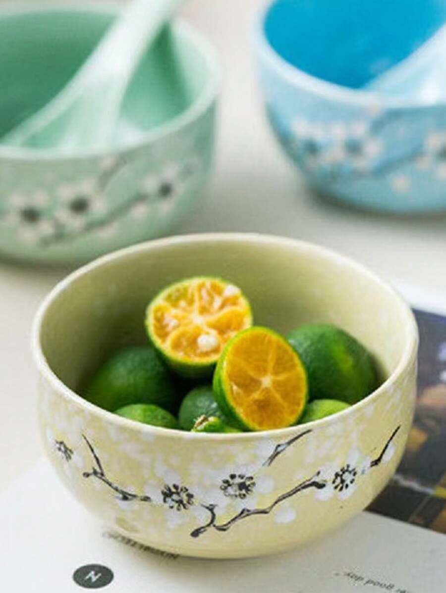 1pc Hand-Painted Ceramic Salad Bowl, Creative Home Dining Rice/Soup Bowl With Underglaze Decoration,School Supplies