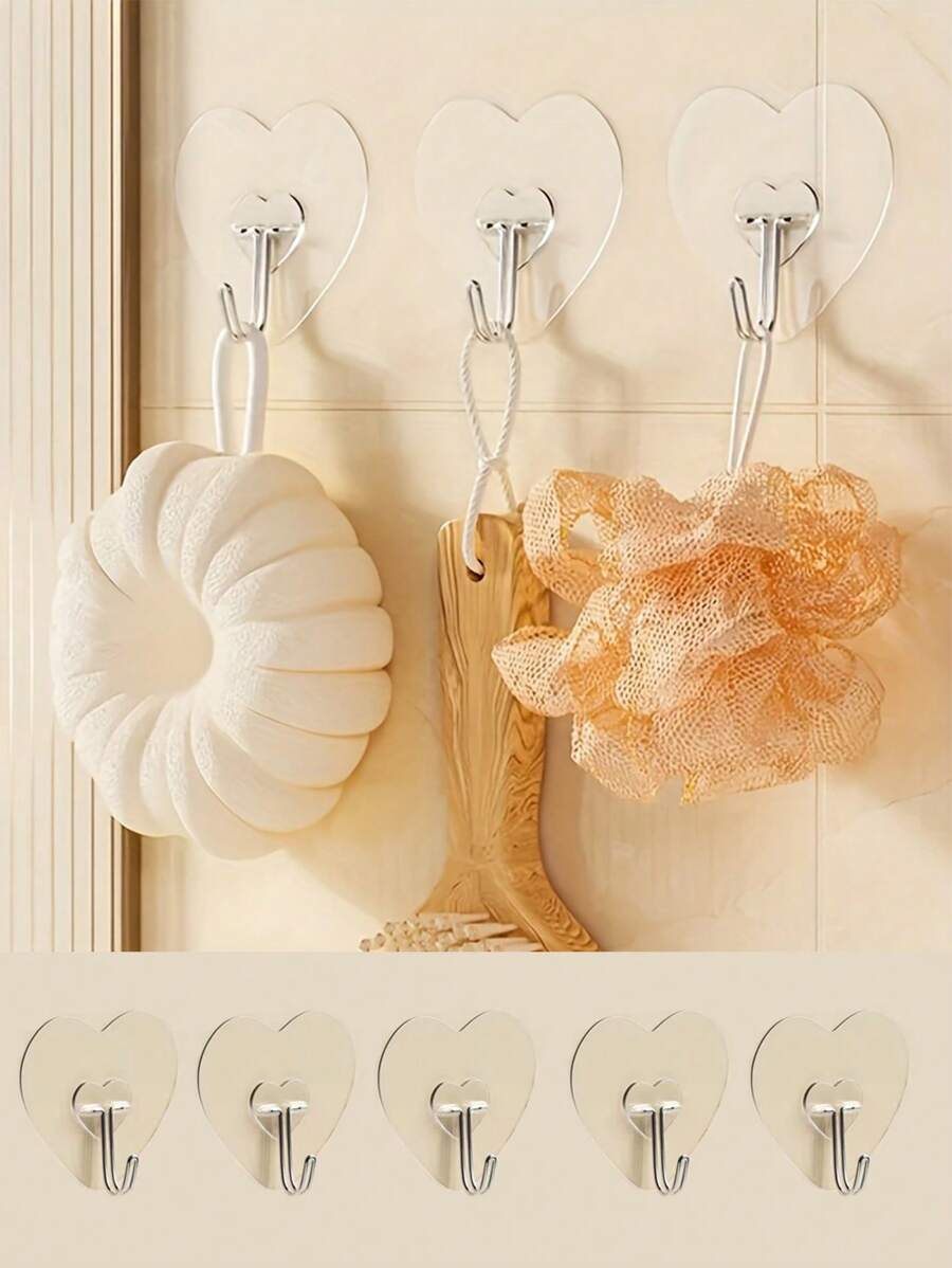 3PCS Heart-Shaped Large Heavy-Duty Adhesive Hooks, No-Drill Clear Plastic Suction Cups, Thickened Heart-Shaped Wall Mounts For Kitchen & Bathroom Storage, Wall Mounted Storage Organizer, Easy Install, Casual Style, Utility Hooks, Reusable For Towels, Clothes & Keys - Easy Install