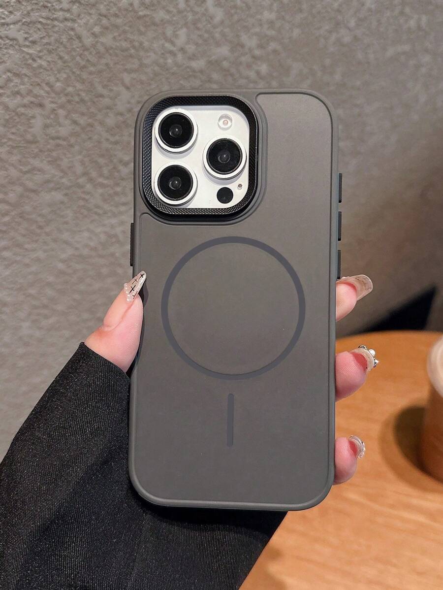 Simple Solid Color Magnetic Spiral Metal Lens Compatible With IPhone 16 Pro Max Phone Case, Fit 16 Pro New 15 Plus High-End 14/13 Liquid Silicone Full-Body Shockproof 12/11 Metal Large Lens Hole