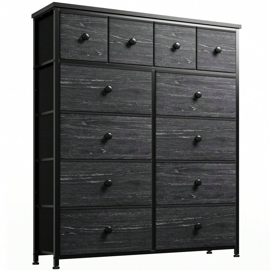 12-Drawer White Storage Cabinet With Wood Top & Metal Frame – Modern Dresser For Bedroom, Living Room, Hallway & Closet Organization