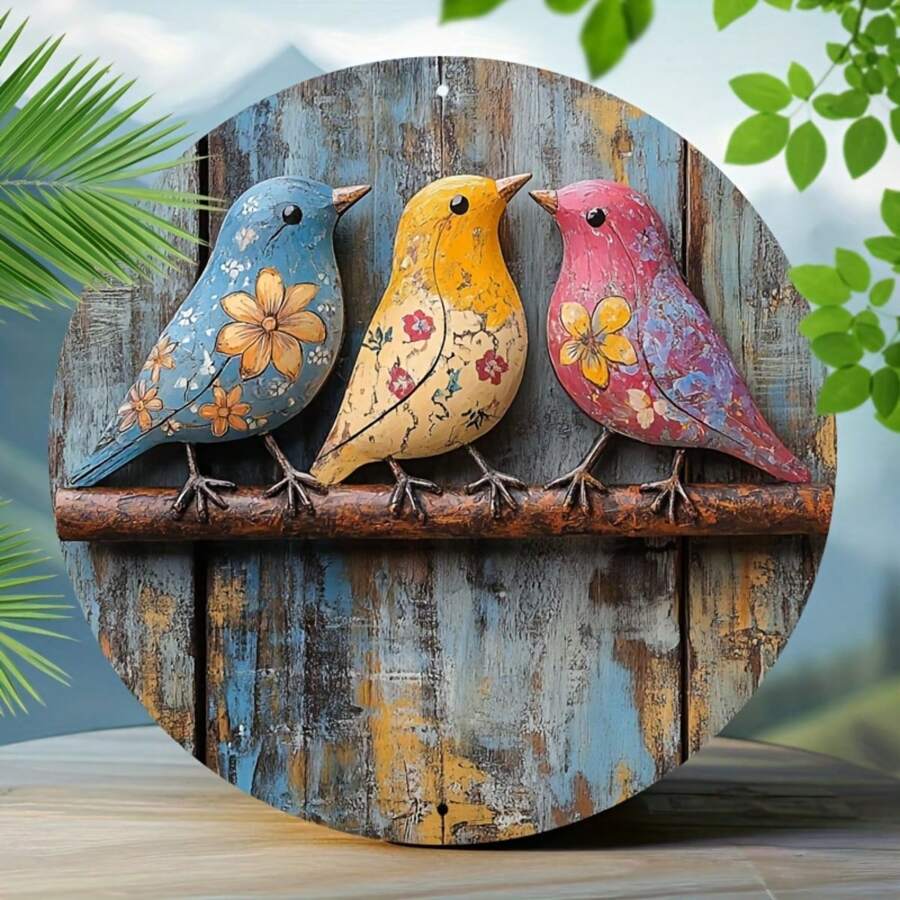 Charming Vintage Style 8"X8" Colorful Bird Wreath Metal Wall Plaque - Round Metal Decor With Rustic Finish, Blue, Yellow And Pink Birds On Branches, Suitable For Home, Homestay, Cafe, B&B Decoration | Vintage Wall Plaque | Vibrant Colors, Hole Style Random
