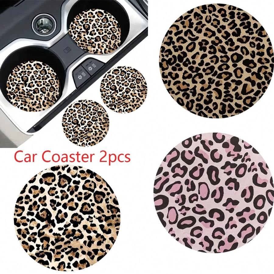 2 pièces Dessous de verre de voiture à motif imprimé léopard, stylé et , séchage rapide, antidérapant