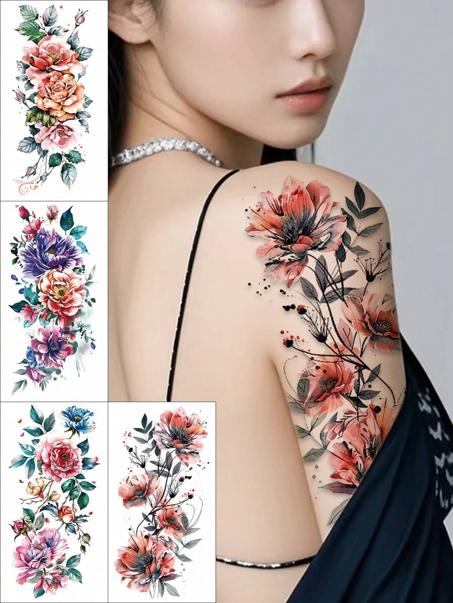 Set da 4 tatuaggi floreali temporanei di grandi dimensioni - Rosa nera, disegni floreali multicolori, tatuaggi floreali vintage tradizionali, impermeabili, a lunga durata, adatti per le donne, possono essere applicati su vita, braccio, gamba, schiena, spalla, per coprire cicatrici