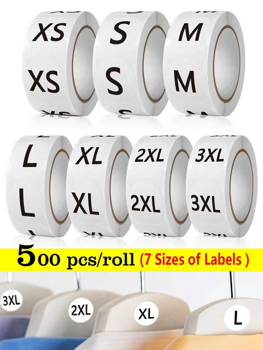 500pcs/Roll Size Labels Stickers, 7 Sizes XS S M L XL 2XL 3XL, Suitable For Clothing, T-Shirts, Dresses, Hats, Pants, Gift Packaging, Small Business Retail Labeling, Waterproof PVC Adhesive