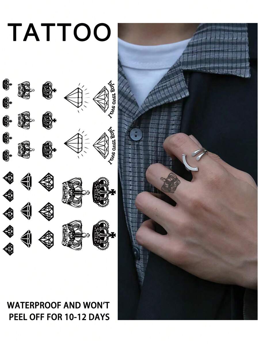 1 Pieza Tatuaje temporal geométrico de corona de diamante semi-permanente, resistente al agua y al sudor, dura de 1 a 2 semanas, realista a base de jugo de hierbas, antifricción, no reflectante, tatuaje falso negro para mujeres y hombres, pegatinas de tatuaje para brazo, pecho, pierna, abdomen, cintura, dedo, cuello, arte corporal modernista