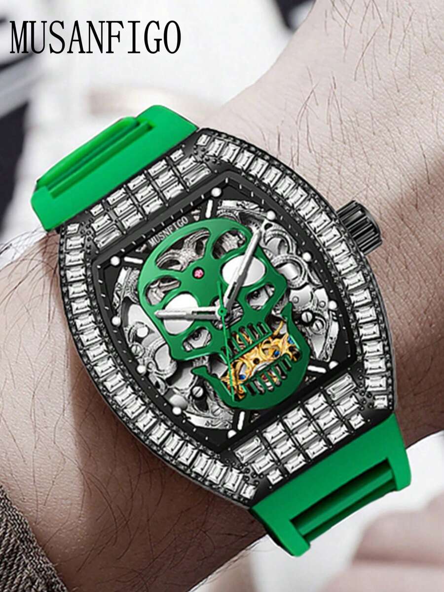 MUSANFIGO MUSANFIGO Heren Cool Dubbelzijdig Holle Wijnvat Vorm Wijzerplaat Automatisch Mechanisch Horloge, Hoogwaardig Stijlvol, Siliconen Band, Multifunctioneel Veelzijdig Heren Polshorloge