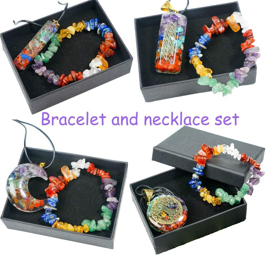 1pc/Set Round, Moon, Rectangular, Slim Rectangular 7 Chakra Necklace And Bracelet Combination, Best Gift For Family And Friends