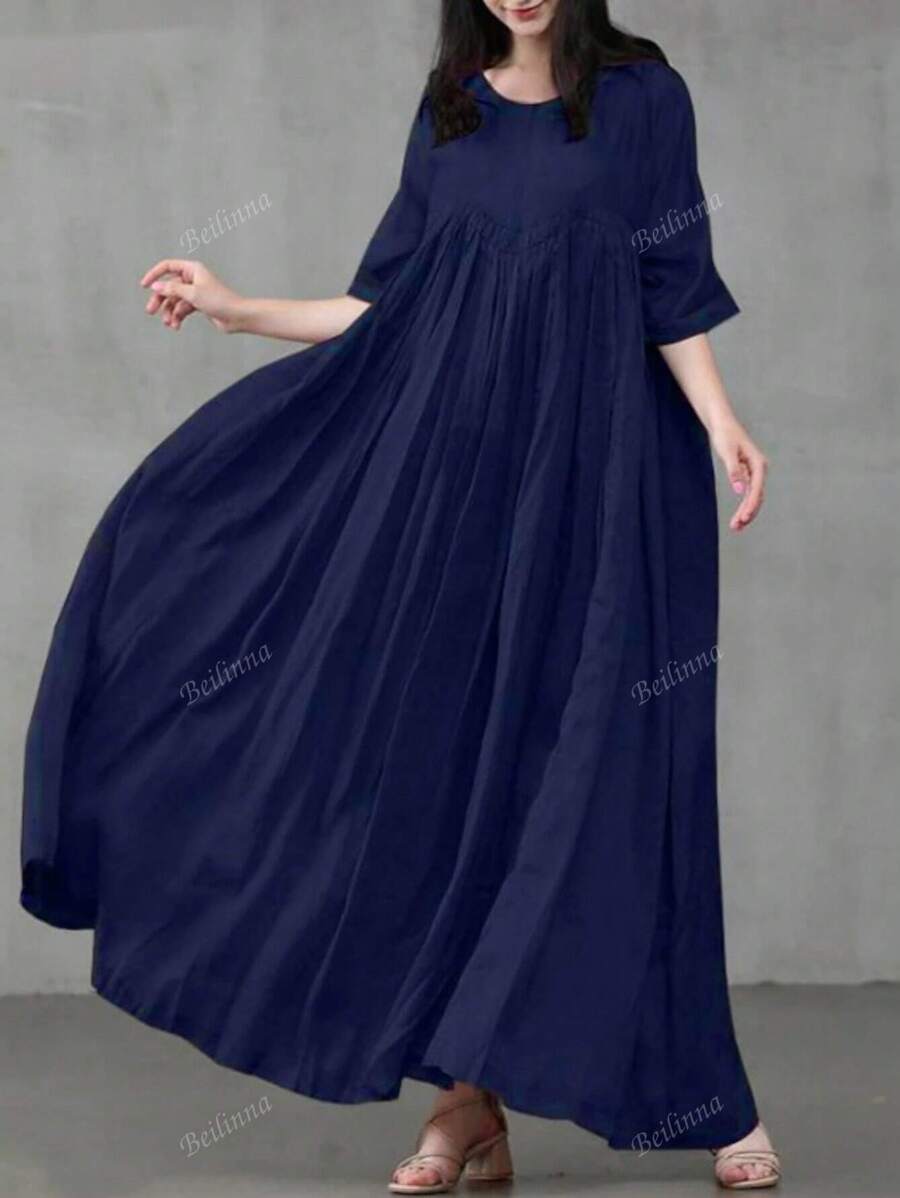 Women's Solid Color Round Neck 3/4 Sleeve Pleated Casual Long Dress