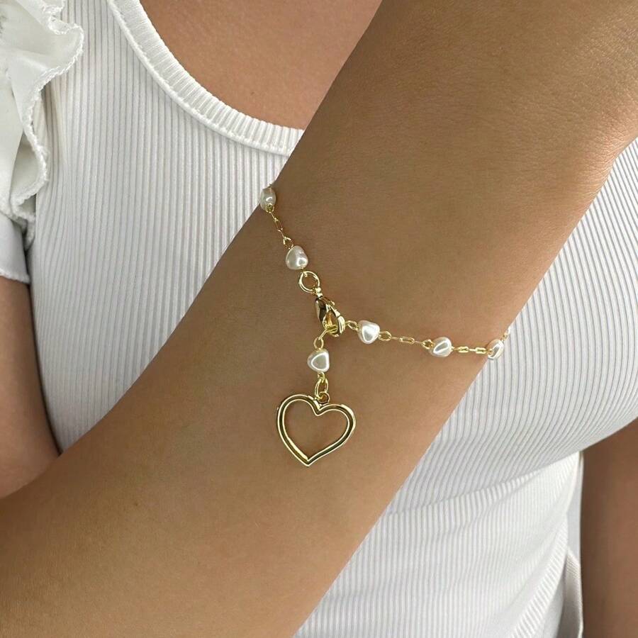 Pulseira Mini Corações Pérola Banhado em Ouro 18k