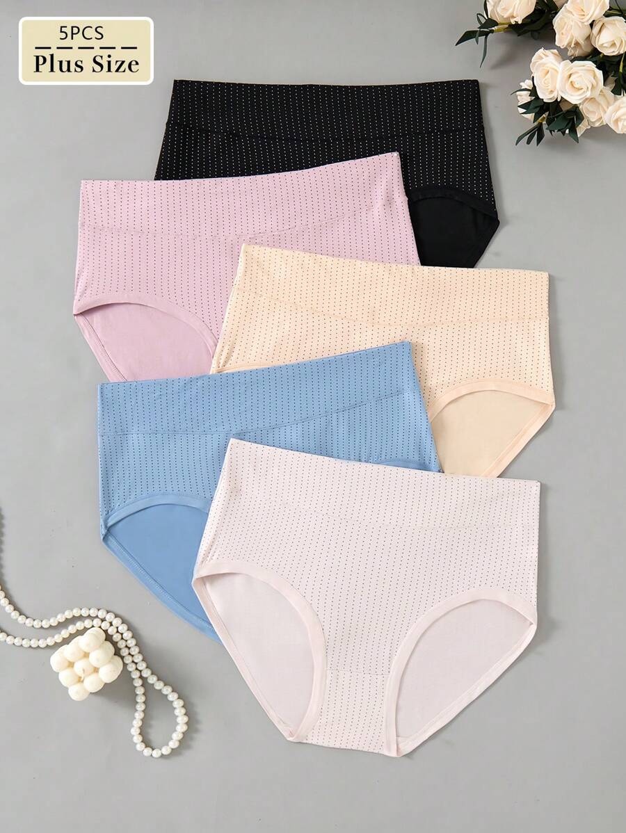 Set de 5 piezas de ropa interior para mujer de talla grande con diseño de lunares, transpirable y cómoda, de cintura alta