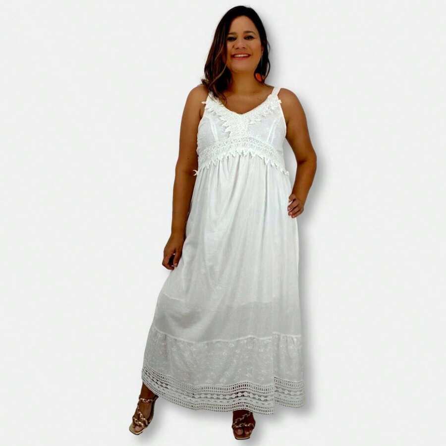 Vestido Branco Longo Alça Indiano Com Renda Algodão 435