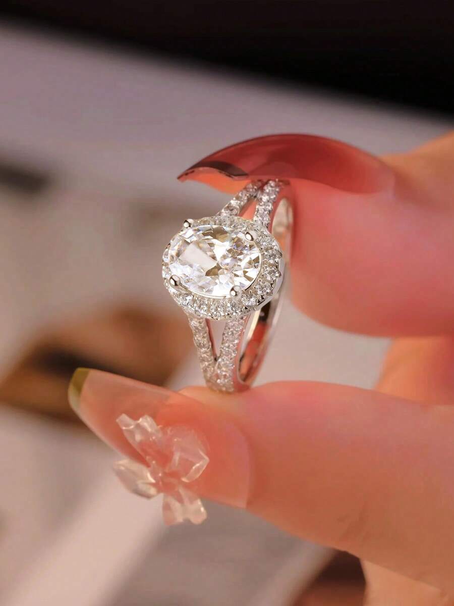 S925 Double Row Luxury Hollow Elliptical Diamond Ring, European & American Exquisite Elegant High-End Jewelry, Women's High-Level Jewelry Suitable For Gifts, Dates, Parties And Daily Wear