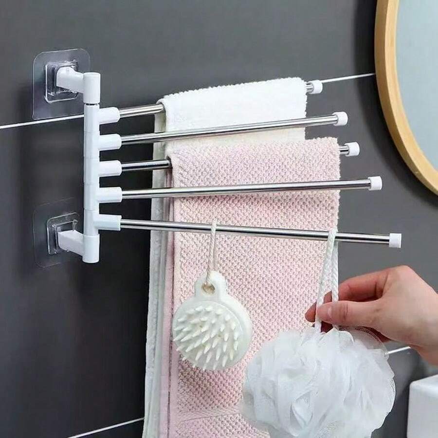 1 pezzo portasciugamani rotante a 180 gradi e a più ripiani. Può appendere più asciugamani, così come spugne da bagno, elastici per capelli, ecc. Senza bisogno di perforare, facile da installare. Materiale resistente alla ruggine e all'umidità, più adatto per l'uso in bagno. Può essere installato anche in cucina come portastrofinacci. Design compatto, leggero e di alta qualità.