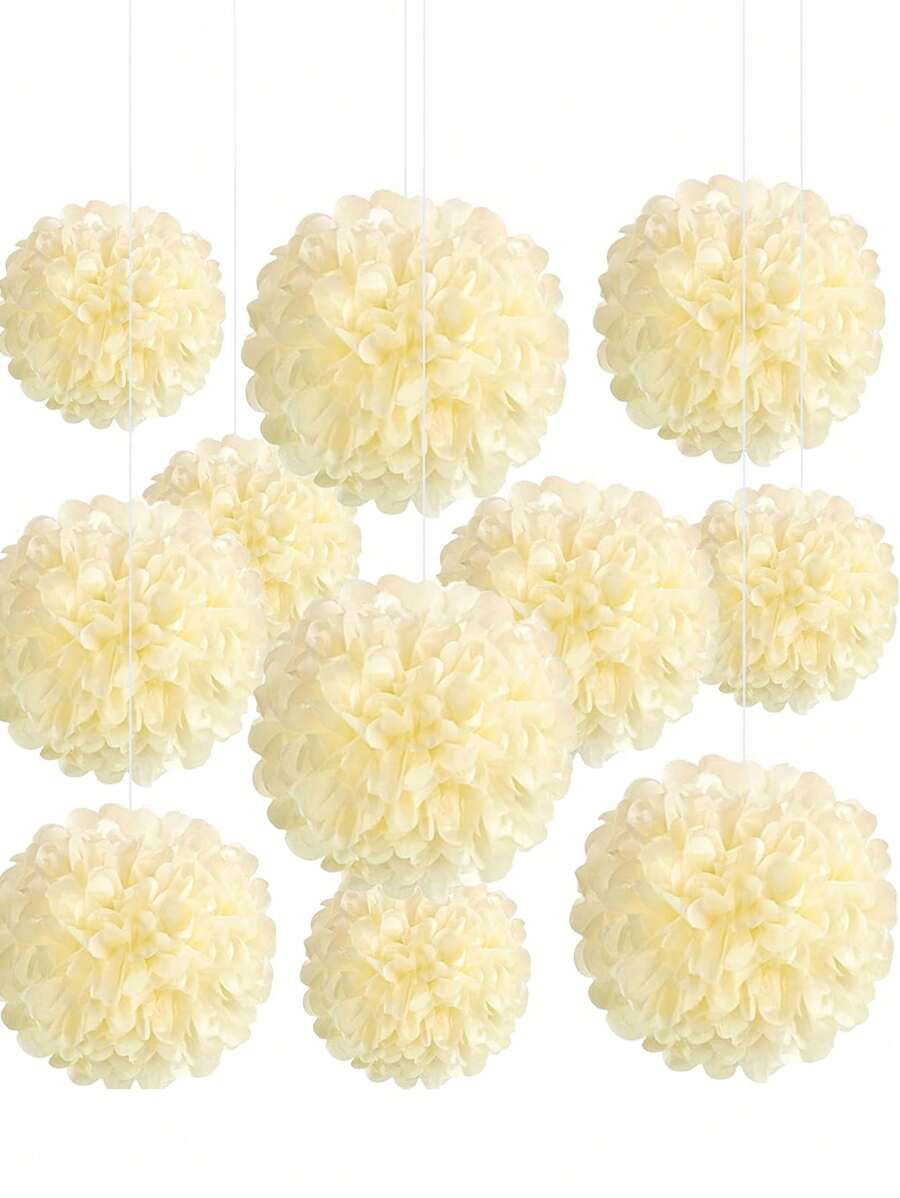 8 pièces Grandes fleurs en papier pompon fond blanc ivoire à suspendre, pour anniversaire, mariage, demande en mariage, fête entre amis, enterrement de vie de jeune fille, anniversaire, fête de fin d'études