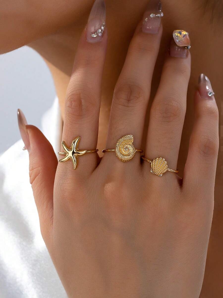 Set de 3 anillos de playa de verano con estrella de mar, concha de mar y abanico de concha para mujer, accesorios de joyería de vacaciones y viajes a la playa, regalo